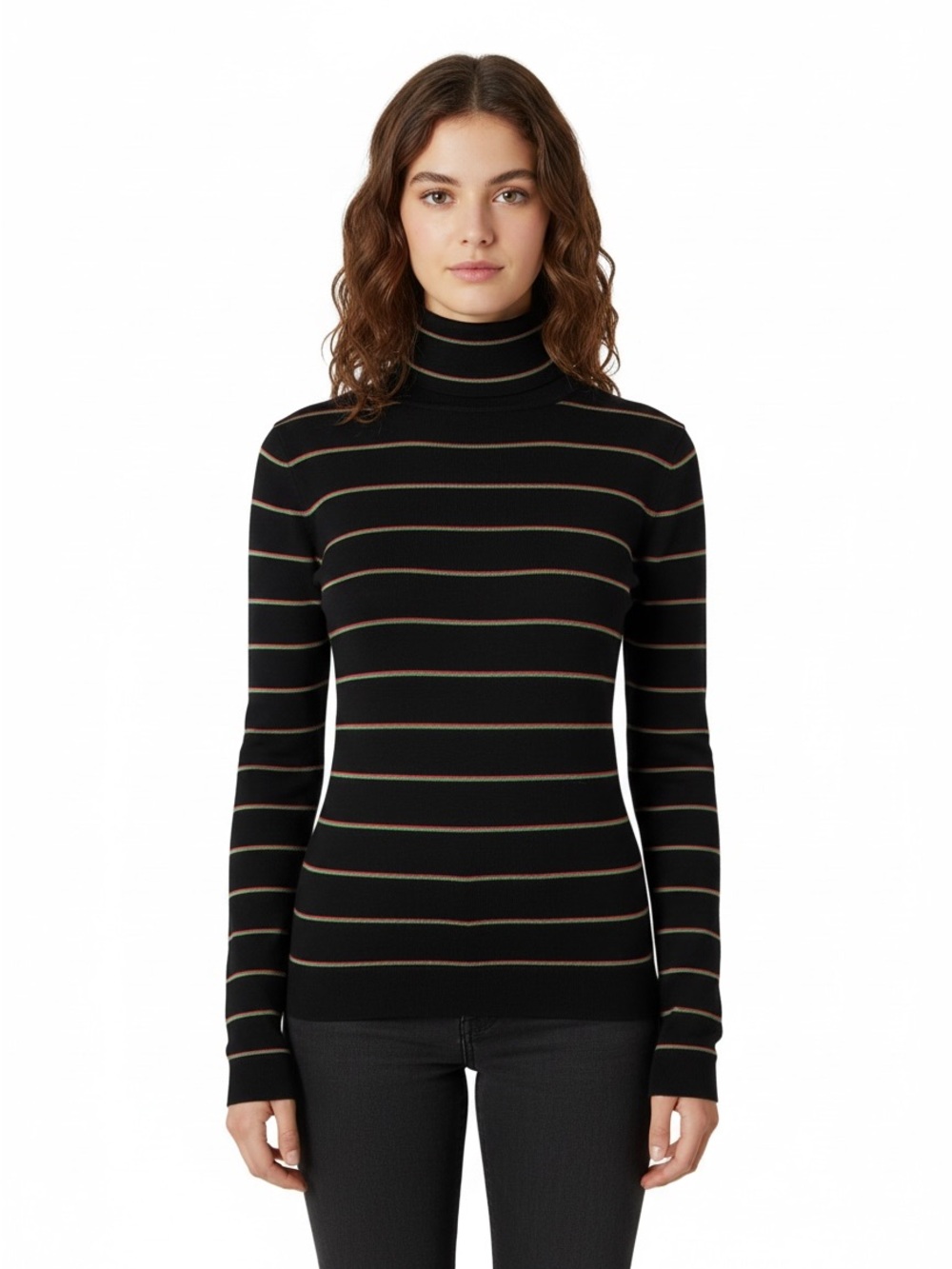 Caara Women's Black Striped Turtleneck Sweater